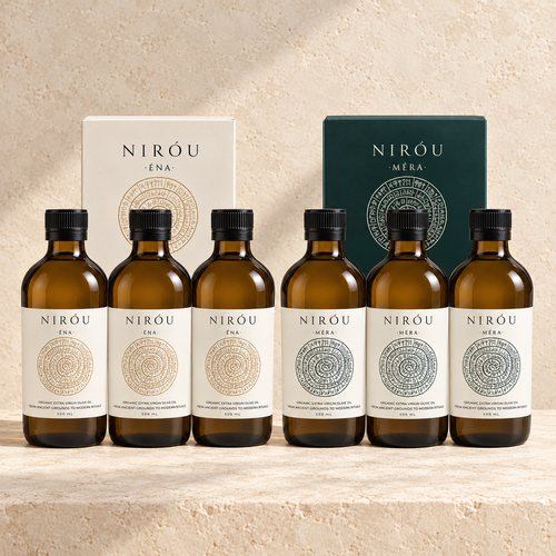 Three NIRÓU ÉNA and three NIRÓU MÉRA certified organic extra virgin olive oil bottles