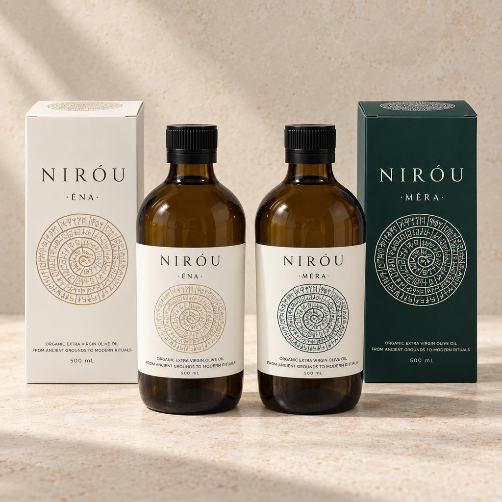 NIRÓU ÉNA and MÉRA certified organic extra virgin olive oil pair