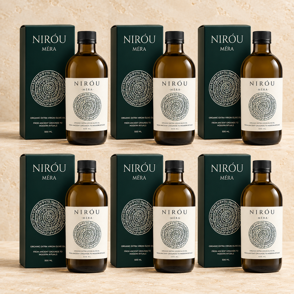 Six NIRÓU MÉRA certified organic extra virgin olive oil bottles and cartons