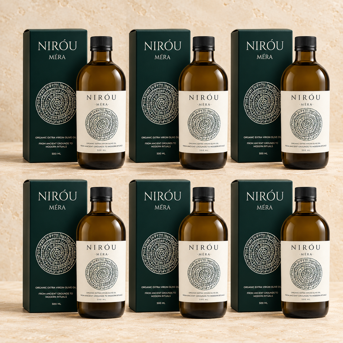 Six NIRÓU MÉRA certified organic extra virgin olive oil bottles and cartons