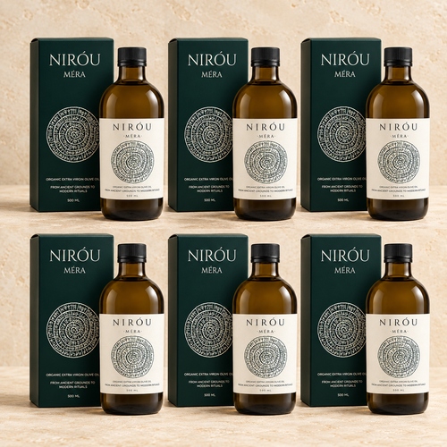 Six NIRÓU MÉRA certified organic extra virgin olive oil bottles and cartons